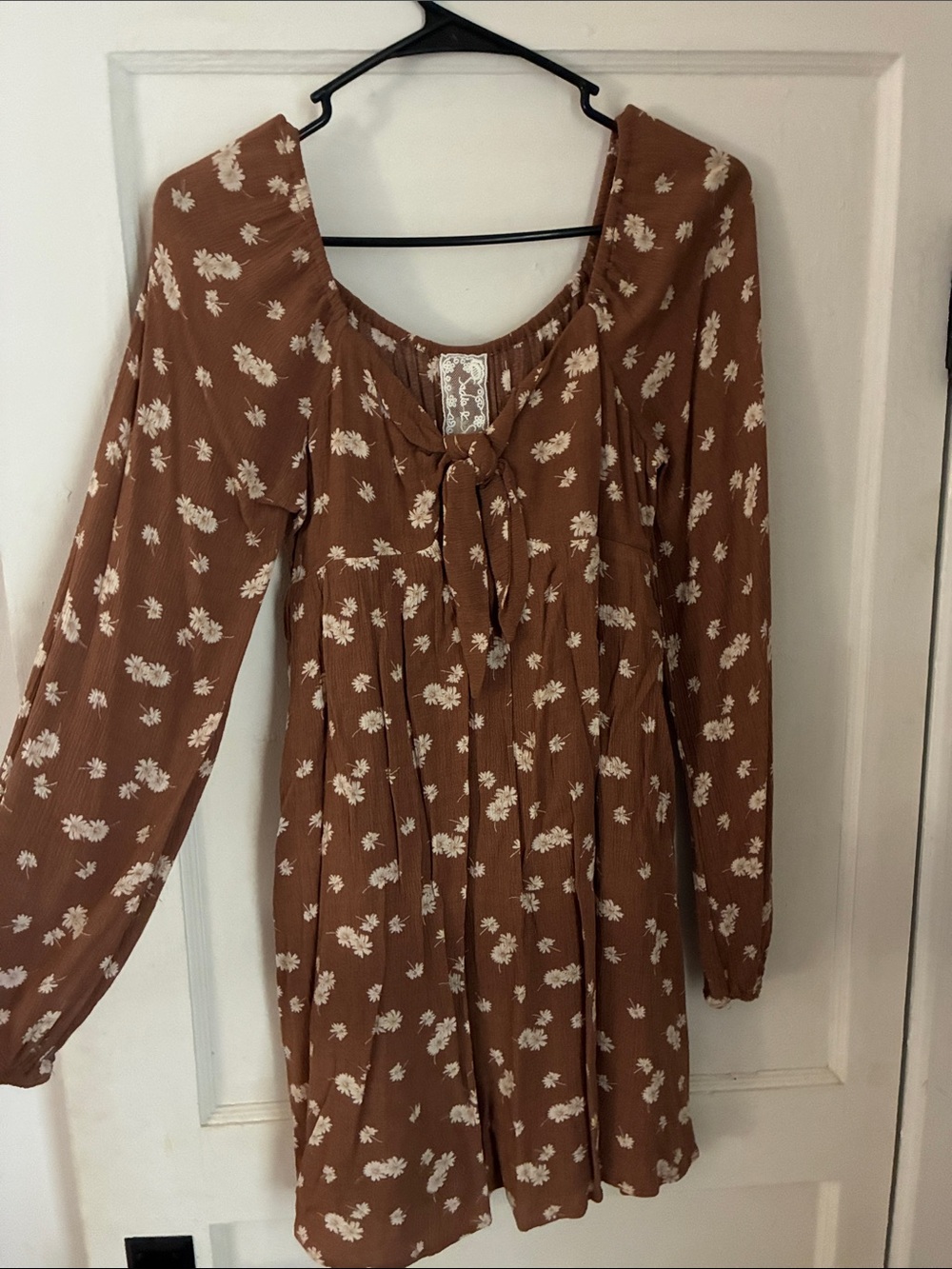 Brown Floral Tie-Front Peasant Top Dress - Women's